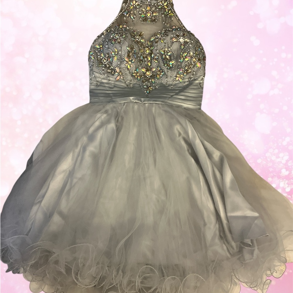 Silver Ruched Halter Prom Dress - Picture 3 of 14